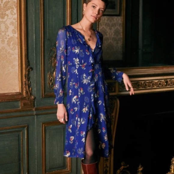 SOLD Sezane Adele silk Dress- "electric blue floral" Size 36 - Picture 2 of 12